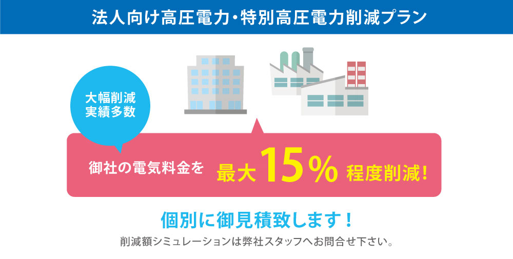 法人向け高圧電力・特別高圧電力削減プラン。大幅削減実績多数。最大20%程度削減！