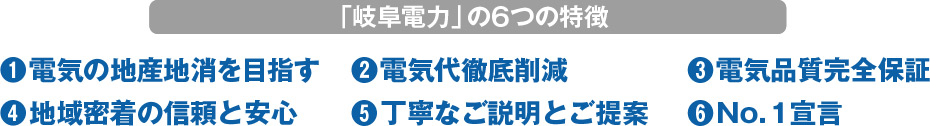 岐阜電力（ぎふでん）6つの特徴。電気の地産地消を目指す。電気代徹底削減。電気品質完全保証。地域密着の信頼と安心。丁寧なご説明とご提案。No.1宣言。